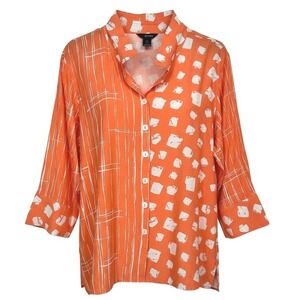 Ali Miles Womens 3X Orange White Abstract Print Wire Collar Button Up Shirt Top
